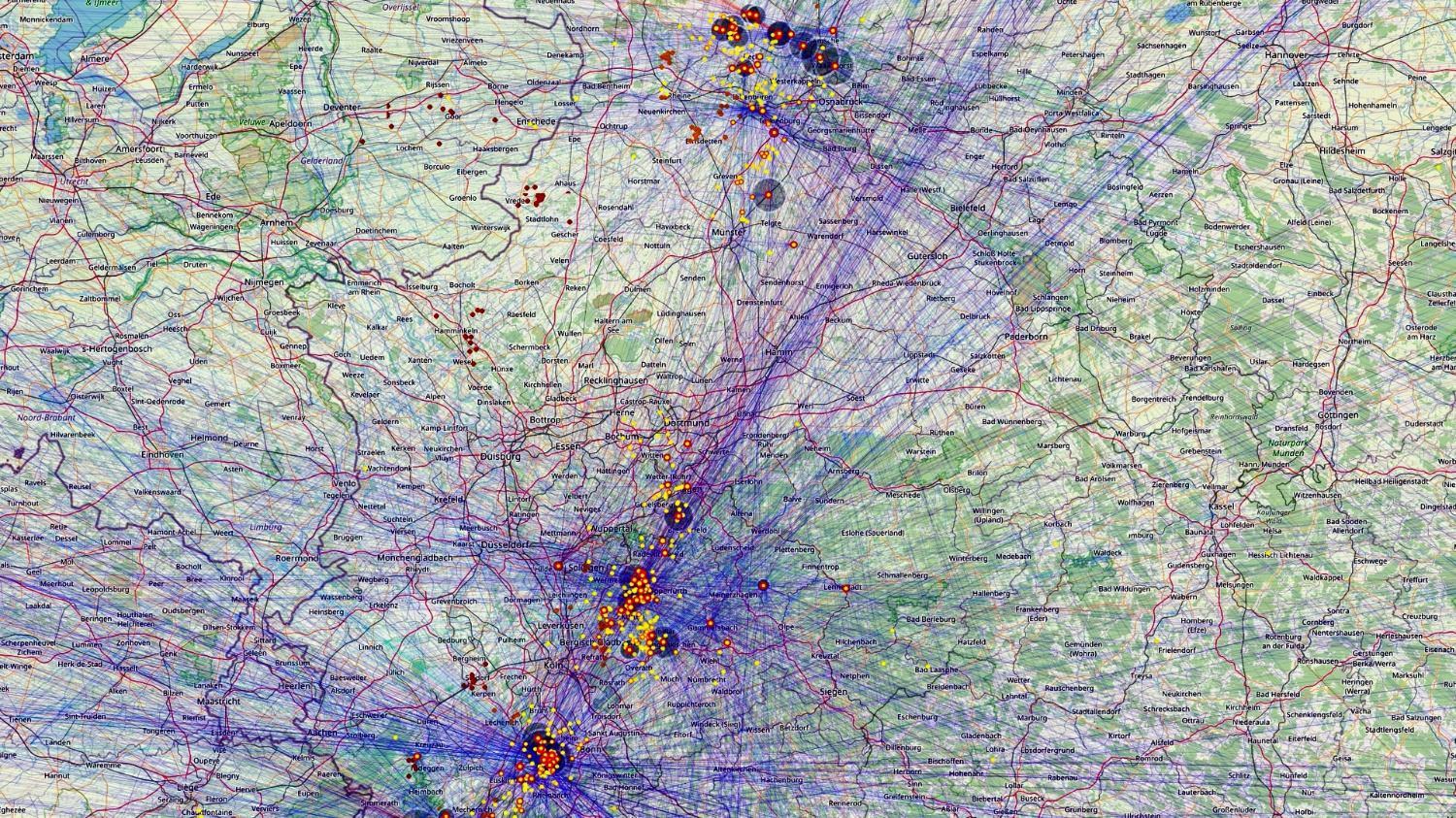 Das farbige Bild im Querformat zeigt einen Kartenausschnitt, davor rot/gelbe Punkte, die sich an drei Zentren ballen. Von den Punkten gehen dünne blau Linien in alle Richtungen aus.