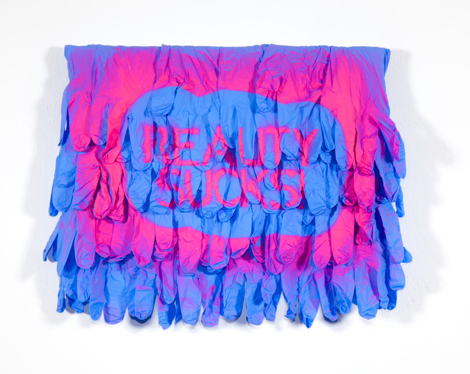 Farbiges Foto im Querformat. An einer weißen Wand hängt ein Bild aus blauen Einweghandschuhen, darauf kann man in rosa Schrift lesen: "Reality Sucks!".