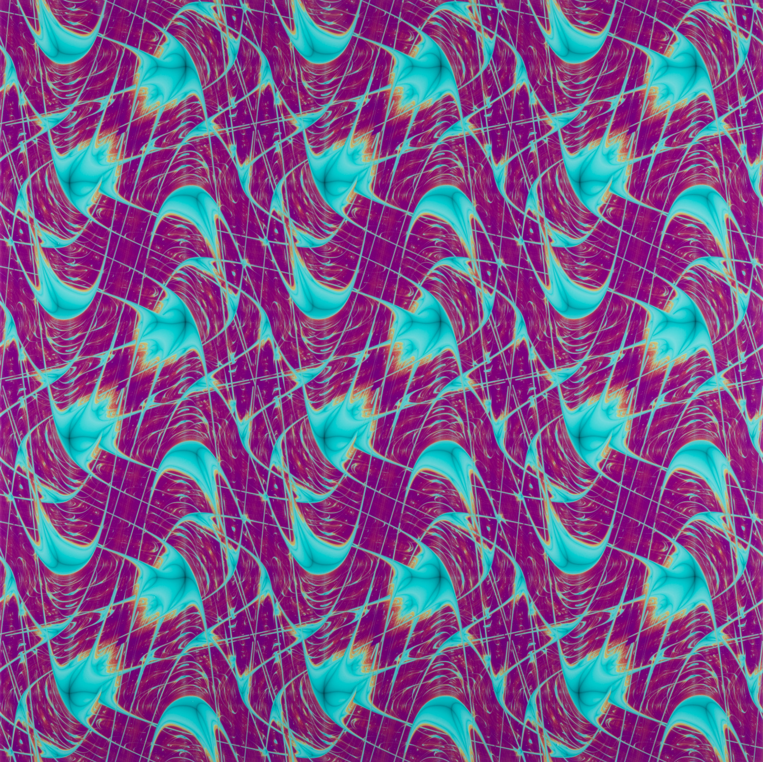 Farbiges quadratisches Bild, das ein türkises sich tapetenartig wiederholendes Muster aus Zellenartigen Gebilden zeigt, die über Tentakel vielfach verbunden sind. Der Hintergrund ist violett.