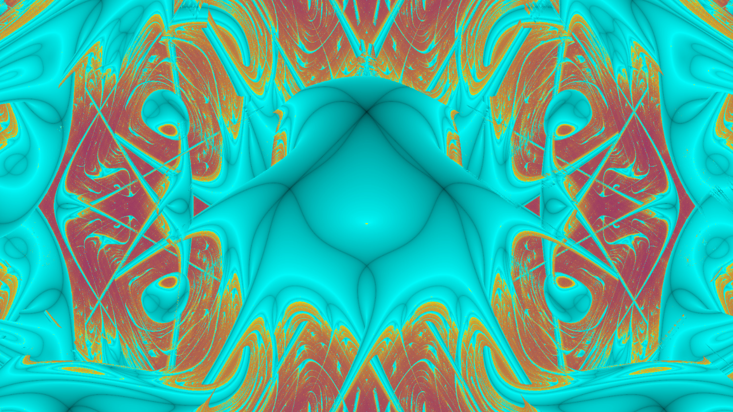 Querformatiges Farbbild. In der Mitte sieht man eine zellenartige Struktur die von kleineren Strukturen umgeben ist. Diese sind alle türkis und heben sich von dem dunkelroten Hintergrund durch gelbe wolkenartige Strukturen ab.