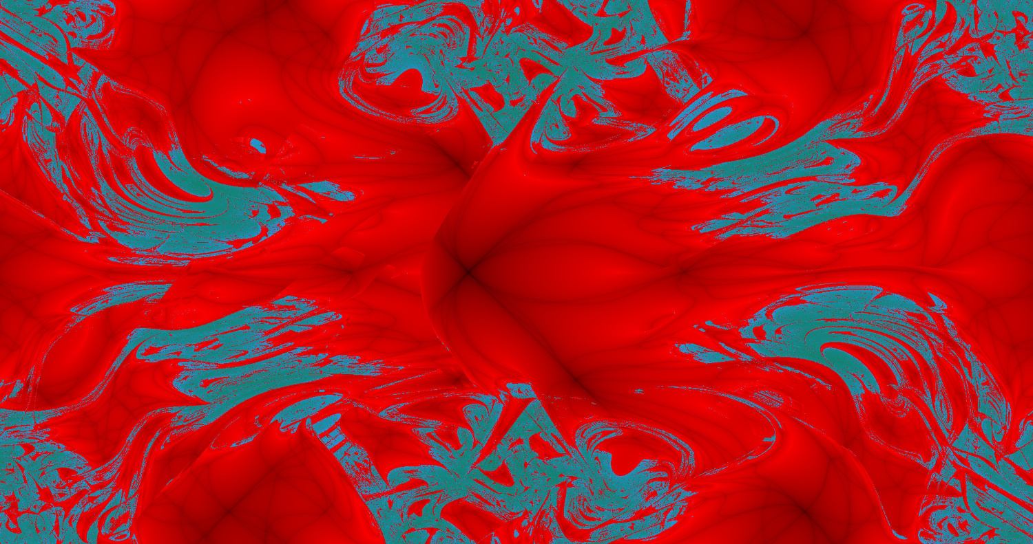 Das Farbige Bild im Querformat zeigt rot/schwarze , zellenartige Objekte, die sich zu überlagern scheinen vor einem blau/grünen Hintergrund.