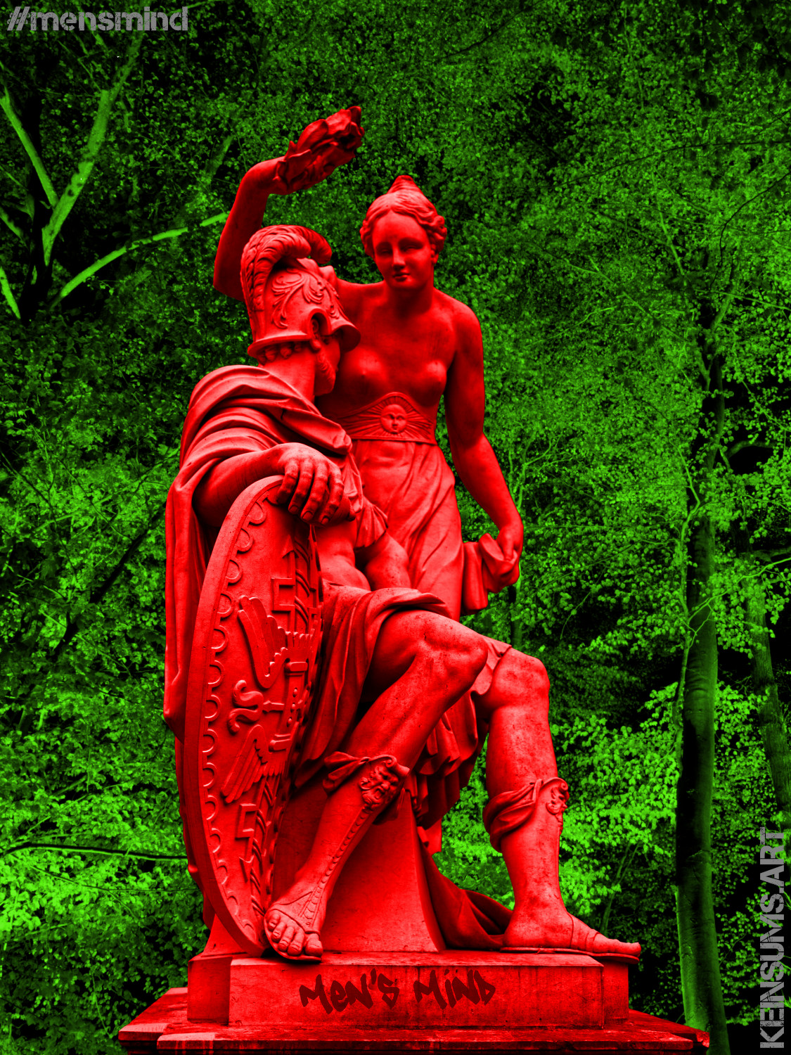 Hochformatiges Farbfoto. Im Vordergrund die Skulptur eines Mannes und einer Frau im klassischen Stil. Der sitzende Mann trägt Toga und Helm, seine rechte Hand hält einen Schild. Neben ihm steht eine Frau, deren Bekleidung ihre Brüste frei läßt, Sie hält einen Loberkranz über das Haupt des Mannes. Seib Blick scheint aus der gewählten Perspektive auf die Brüste der Frau gerichtet zu sein. Auf dem Sockel der Figur steht in tag-mäßigen Buchstaben: "Men's Mind". Die gesamte Skulptur ist rot eingefärbt. Den Hintergrund bildet ein grün leuchtendes, nächtliches Blätterdach.
In der oberen linken Ecke steht: "#mensmind"
In der unten Rechten Ecke steht:
"keinsums.art"