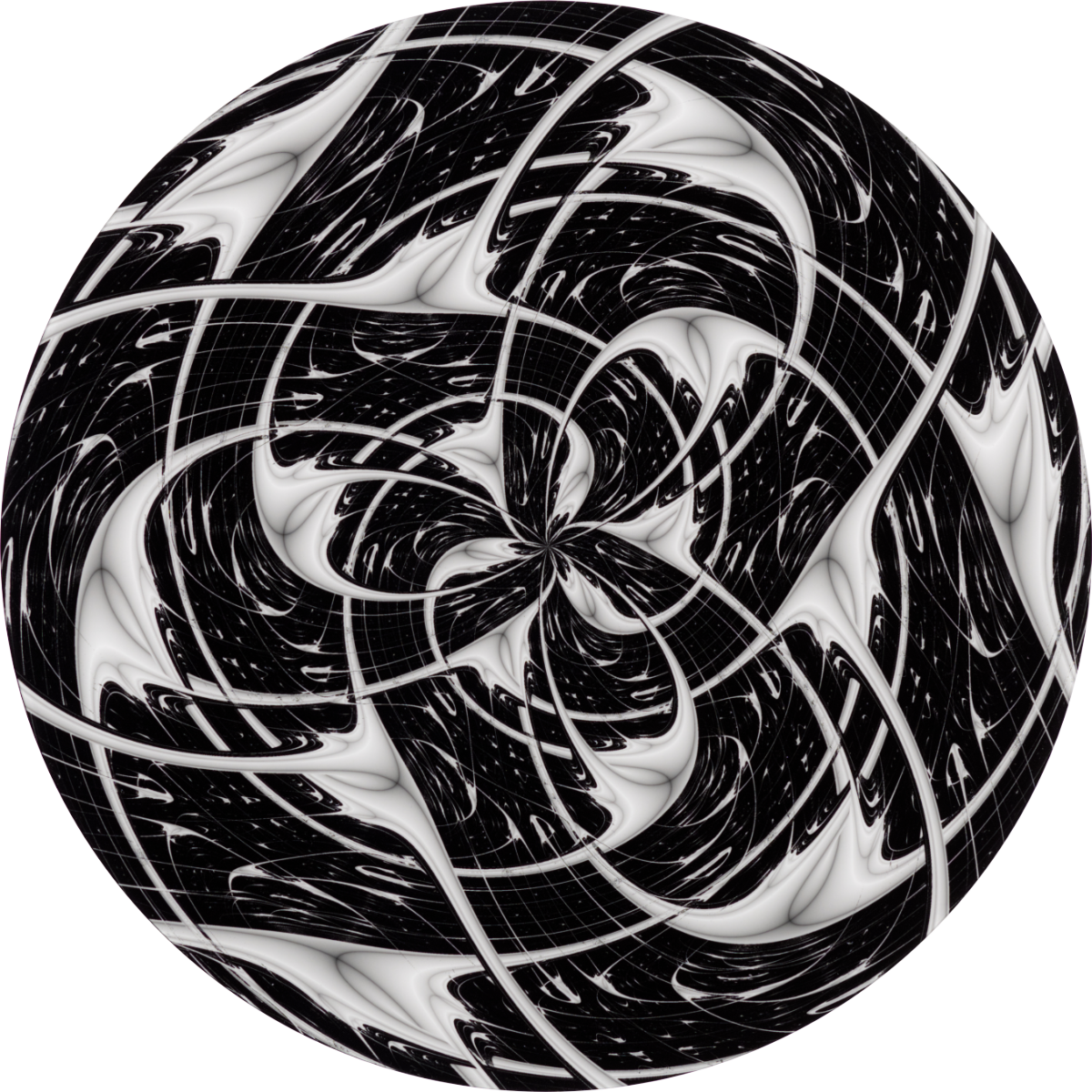 Ein rundes, regelmäßiges und schwarzweißes Bild von zellenartigen, weißen Strukturen, die über tentakel miteinander verbunden sind, vor schwarzem Hintergrund. 