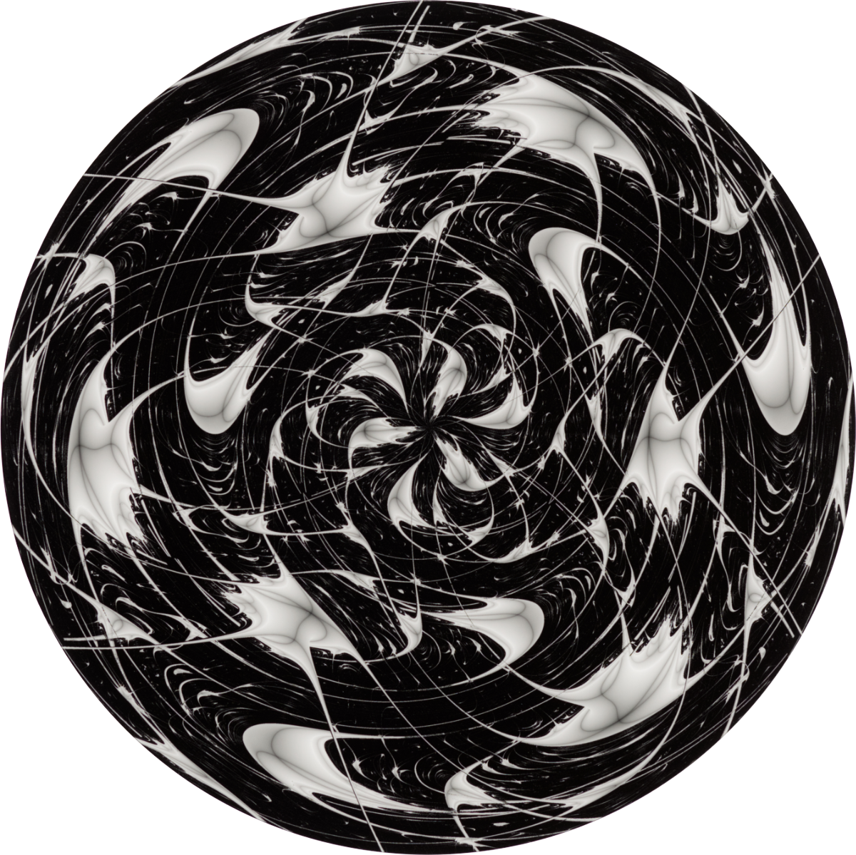 Ein rundes, regelmäßiges und schwarzweißes Bild von zellenartigen, weißen Strukturen, die über tentakel miteinander verbunden sind, vor schwarzem Hintergrund.